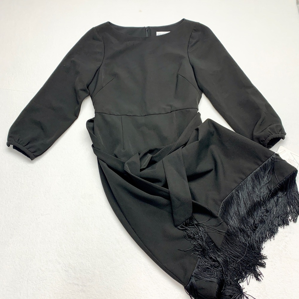 Mikael Aghal Fringe Hem Gown Womens 8 Black Belted Long Sleeve Dress 91G2063-26